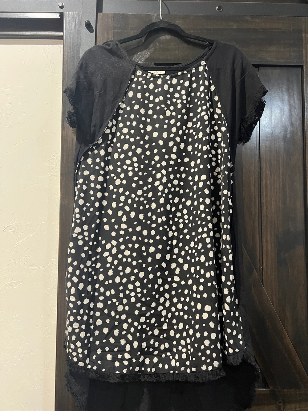 Umgee Women’s Black and White Dot Print Dress with Fringe